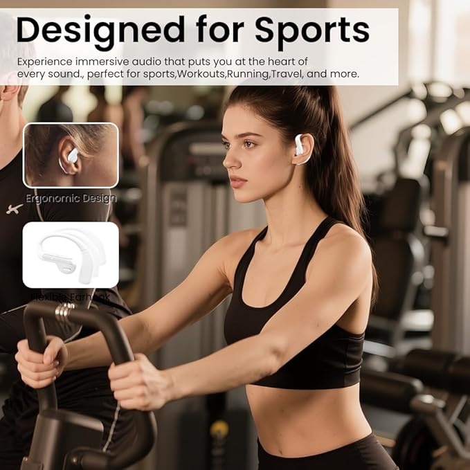 Open Ear Bluetooth 5.3 Earbuds, Wireless Headphones Sport Over Earphones Built-in Mic with Ear Hooks, 58H Playtime Ear Buds Fast Charging, IPX7 Waterproof for Running/Workout-White