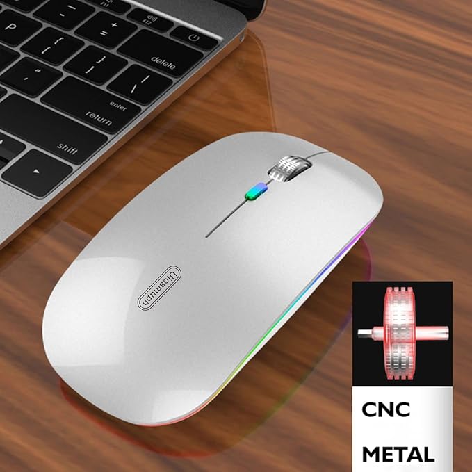 Uiosmuph LED Wireless Mouse, G12 Slim Rechargeable Silent Mouse, 2.4G Portable USB Optical Wireless Computer Mice with USB Receiver and Type C Adapter (Silver)