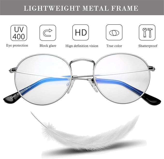 HJSTES Round Blue Light Glasses for Women Men Retro Circle Clear Lens Metal Frame Eyeglasses