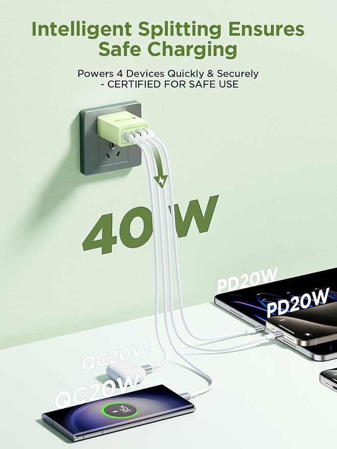 USB C Charger Block, 40W 4-Port Fast Charger 20W Type C Charging Block 3.1A USB Wall Charger Dual Port PD+QC Charging Cube for iPhone 17 16 15 14 13 12 Pro Max XS, iPad, Samsung Phone (Green)
