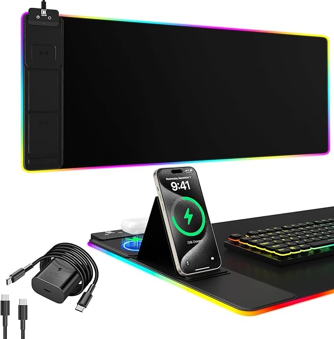 Mouse Pad with Foldable Phone Holder, Wireless Charging Desk Mat, RGB Gaming Mousepad Large Desk Pad with Non-Slip Base, Waterproof Keyboard Pad, Classic Black (XXL Stand Black PD Adapter)