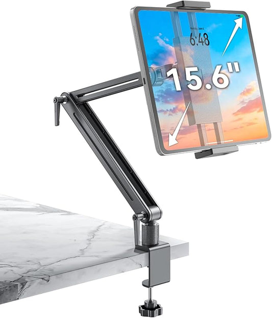 Jakeko Adjustable Tablet Mount for Desk - 360 Degree Rotating Base Tall Arm Holder Stand Swivel Flexible Clamp Soporte para Tablet/Portable Monitor/Ebook