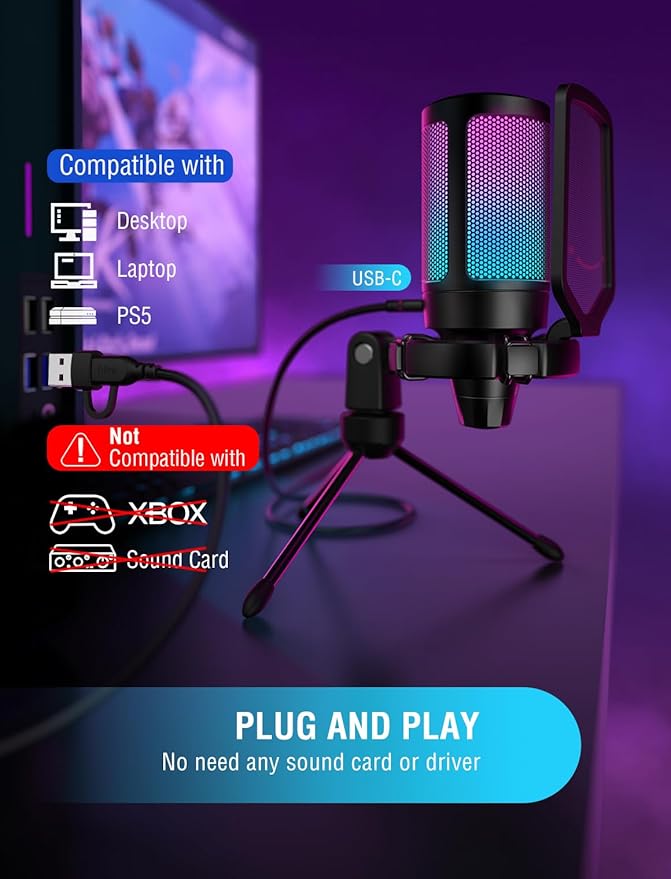 FIFINE Gaming USB Microphone for PC PS5, Condenser Mic with Quick Mute, RGB Indicator, Tripod Stand, Pop Filter, Shock Mount, Gain Control for Streaming Discord Twitch Podcasts Videos- AmpliGame