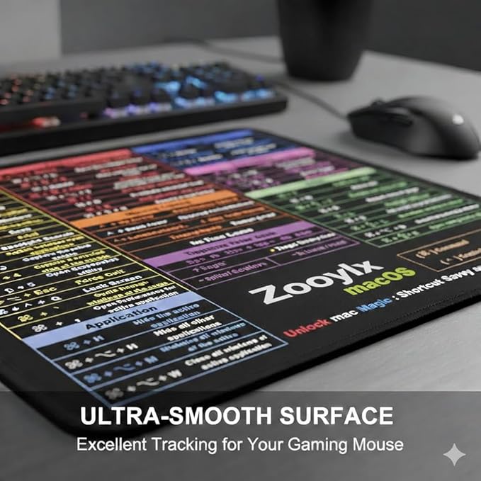 Zooylx Mouse Pad for macOS – 11.8"x9.8" – Mac Cheat Sheet for MacBook Pro, Air & iMac – Portable Desk Mat with Sequoia & Sonoma Commands – Waterproof, Stitched Edges