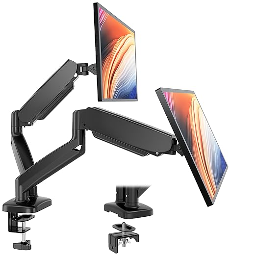 DUMOS Dual Monitor Mount for Desk, Gas Spring Monitor Arm for 2 Monitors Max 32 Inches, Fully Adjustable Double Monitor Mount, VESA Mount with C-Clamp/Grommet Base, Holds Screen 17.6 lbs