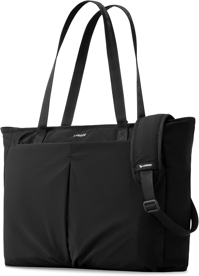 LUGGEX Laptop Tote Bag, LTX04 15L Lightweight Work Tote for 13-15.6 Inch Laptop, Water-Resistant Nylon Computer Shoulder Bag with Padded Sleeve, Bottle Holders & Luggage Strap (LTX04, Black)
