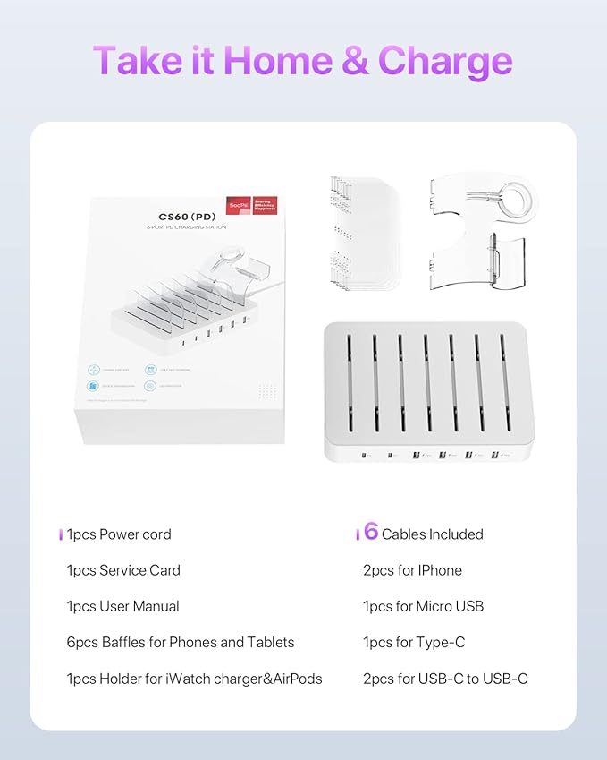 SooPii 6-Port USB C Charging Station for Multiple Devices,2 PD 20W Fast Charging for lPhone 15 and More,6 Charging Cables and 2in1 Holder for IWatch Charger & Air Pods Included