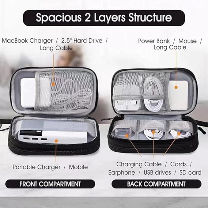 PrimeEssence Travel Cable Organizer Pouch Electronic Accessories Carry Case Portable Waterproof Double Layers Storage Bag for Cord, Charger, Phone, Earphone Black