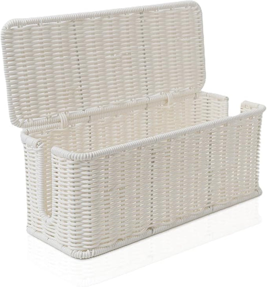Cable Management Box, Handmade Rattan Cable Organizer with 2 Open Slots, Cord Hider for Power Strip, Router & USB Hub, Registered U.S. Design Patent (D1,112,102), 13" x 5.1" x 5.1", White by Cantalop