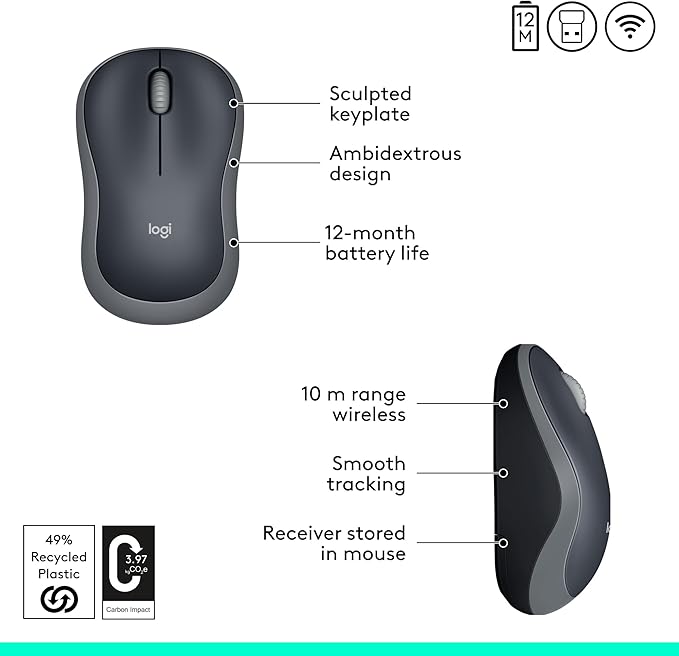 Logitech M185 Wireless Mouse, 2.4GHz with USB Mini Receiver, 12-Month Battery Life, 1000 DPI Optical Tracking, Ambidextrous PC/Mac/Laptop - Swift Grey