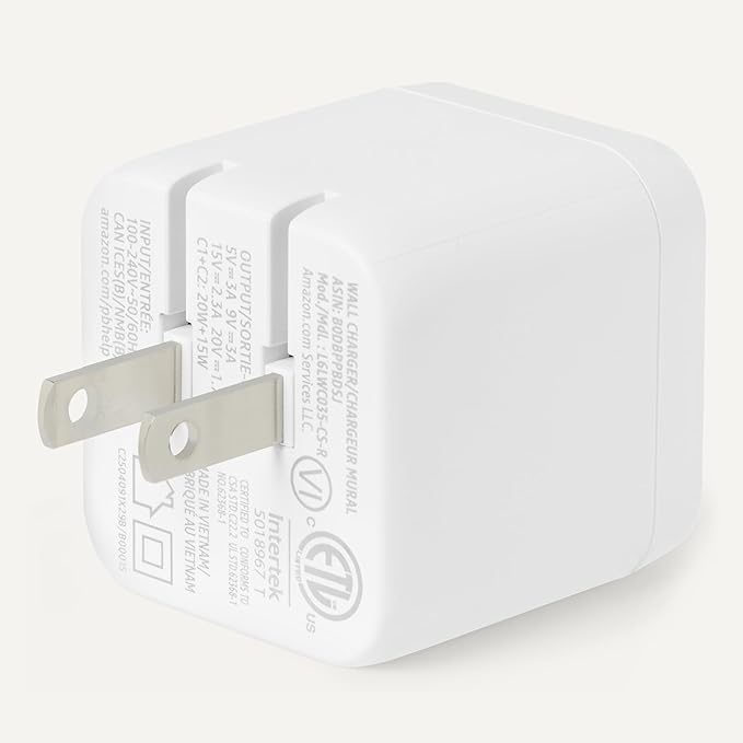 Amazon Basics Fast Charging USB C Nano GaN Wall Charger, 35W 2-Port for Tablets Phones, White