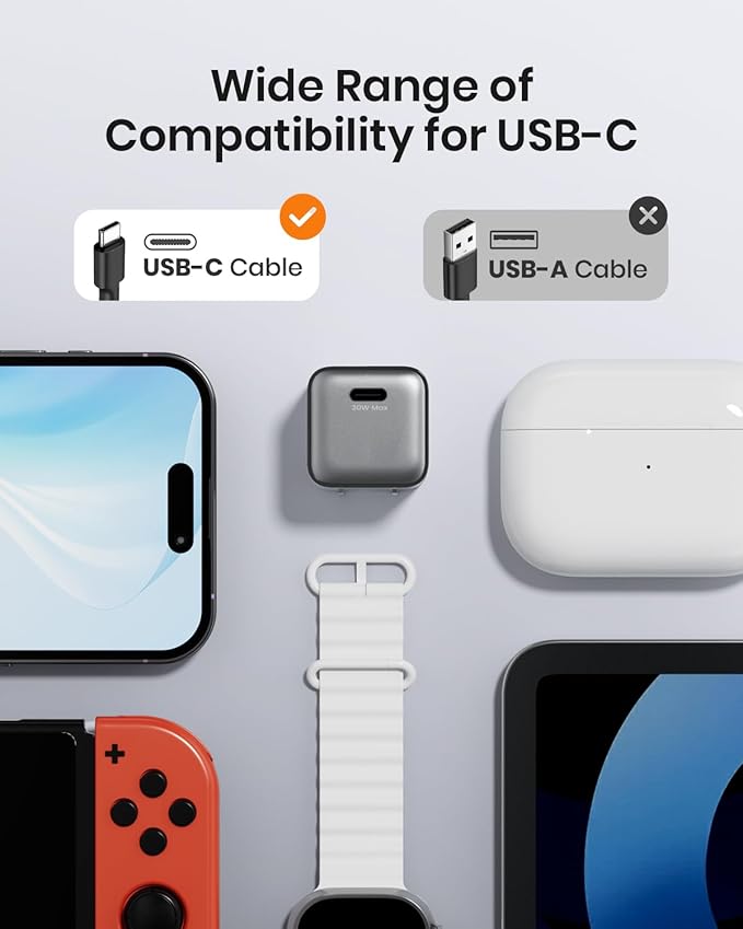 30W Compact Wall Charger, USB C Charger Block with GaN III Tech, PD3.0 PPS QC4.0 Fast Charging Foldable Power Adapter for iPhone 17 16 15, Galaxy, Pixel, iPad, AirPods (Black, 1 Pack)