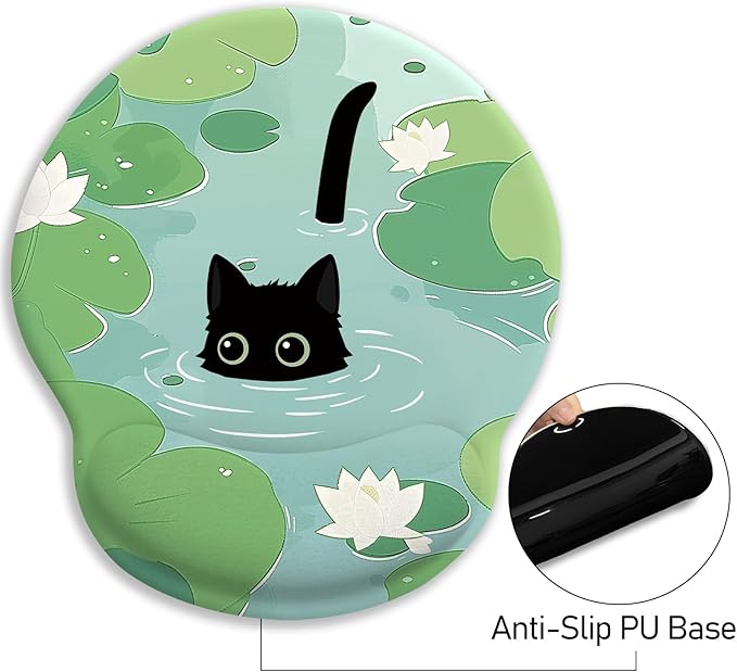 Blusabaca Mouse Pad with Wrist Rest, Cat Lotus Leaf Ergonomic Mouse Pads Wrist Support for Desk, Cute Gaming Mousepad Wireless Mouse Laptop Computer Work Home Desk Accessories Office Supplies Decor
