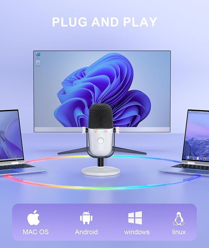 Gaming Microphone with Noise Cancellation & Mute Button, USB Condenser Mic for Streaming/Recording, Ultra-Compact Design, Compatible with PC/Mac/PS4/PS5, Podcast/YouTube/Twitch/Discord (White)