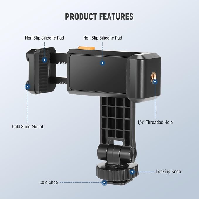 Neewer Basic Phone Tripod Mount Holder with 1/4" Thread & Cold Shoe, 2.36"-3.54"/6-9cm 360?? Rotatable Camera Mount Cellphone Clamp for iPhone 16 15 14 13 12 11 Pro Max X XR Samsung S24 Ultra, SP-10 - Image 7