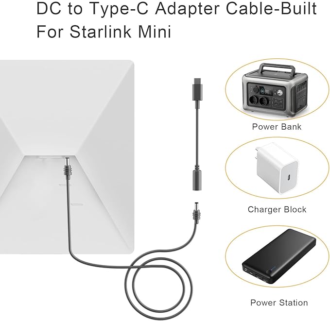Starlink Mini Type-C to DC Extension Cable 7.9-inch，Type-C Input Male to DC Female Output Waterproof Converter Adapter, Compatible With Starlink Mini 65W 20V Charger/Power Bank Replacement Accessories