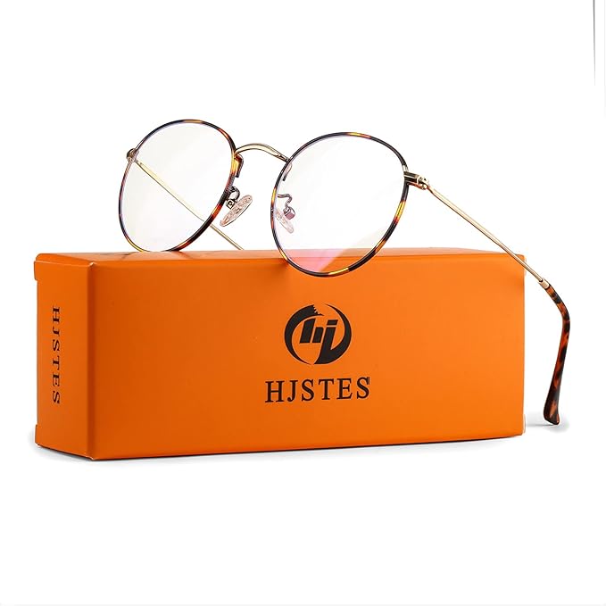 HJSTES Round Blue Light Glasses for Women Men Retro Circle Clear Lens Metal Frame Eyeglasses