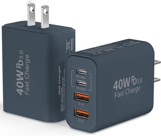 USB C Wall Fast Charger Block, 40W 4-Port Type C Charger Fast Charging Blocks PD Power Charger Adapter+QC 3.0 USB Multiport Charger Brick for Phone 17/16/15/14/13/12 Pro Max, Pad, GalaxyS25-Navy Blue