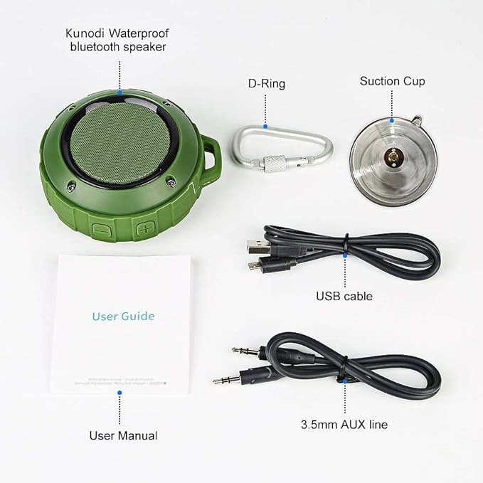 Kunodi Outdoor Waterproof Bluetooth Speaker, Wireless Portable Mini Travel Speaker with Subwoofer, Enhanced Bass, Built in Mic for Sports, Pool, Beach, Hiking, Camping (Green)