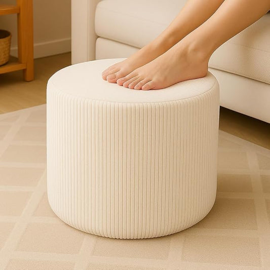 Corduroy White Ottoman Foot Rest Stool – Textured Boucle Corduroy Fabric Footstool with Soft Foam, Round Lightweight Pouf for Cozy Living Room, Bedroom – Warm White