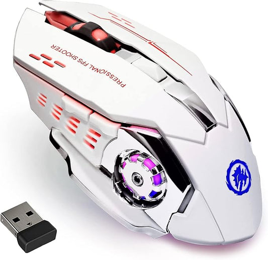 MELOGAGA Wireless Gaming Mouse Bluetooth Mouse RGB Rechargeable 2.4G USB Cordless Computer Mice with 7 Color Backlit, 6 Buttons & Silent Click for Laptop, iPad, Mac OS, PC, Windows -White