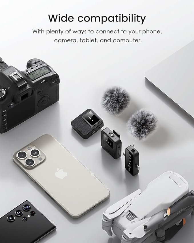 3-in-1 Mini Microphone for iPhone, Android, Camera - 328ft Long Range, 20H Battery Life, Wireless Microphones, Lapel Mic with AI Noise Reduction for Video Recording, Content Creators