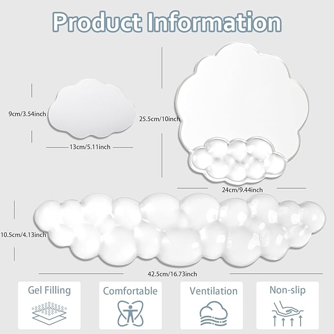 Cloud Wrist Rest for Keyboard and Mouse Set - Erogonomic Mouse Pad with Wrist Rest Support and Coaster for Computer/Office/Home