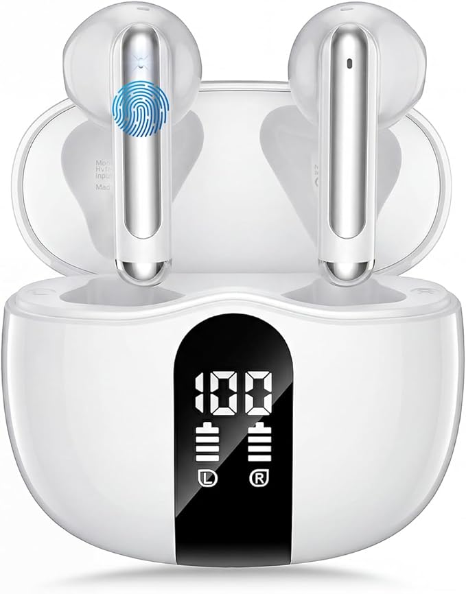 Wireless Earbuds, Bluetooth 5.4 Headphones HiFi Stereo, Ear Buds with 50H Playback, LED Display Wireless Earphones Clear Calls, IP7 Waterproof, Bluetooth Earbuds for Laptop/Phones/Sports, White
