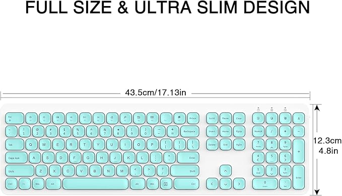 Cimetech Wireless Keyboard - 2.4G Full Size with Number Pad, Silent Ergonomic, 110 Keys, for Laptop, Desktop, PC, Mac, Windows 10/8/7/XP (Aqua Green)
