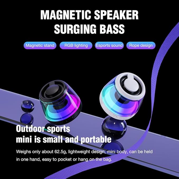 Magnetic Bluetooth Speaker,Wireless Induction Bluetooth Speaker,Mini Portable Cell Phone Stand for iPhone, Lanyard & RGB Night Light,or Home,Outdoors,Pool,Gift (Black-1PCS)