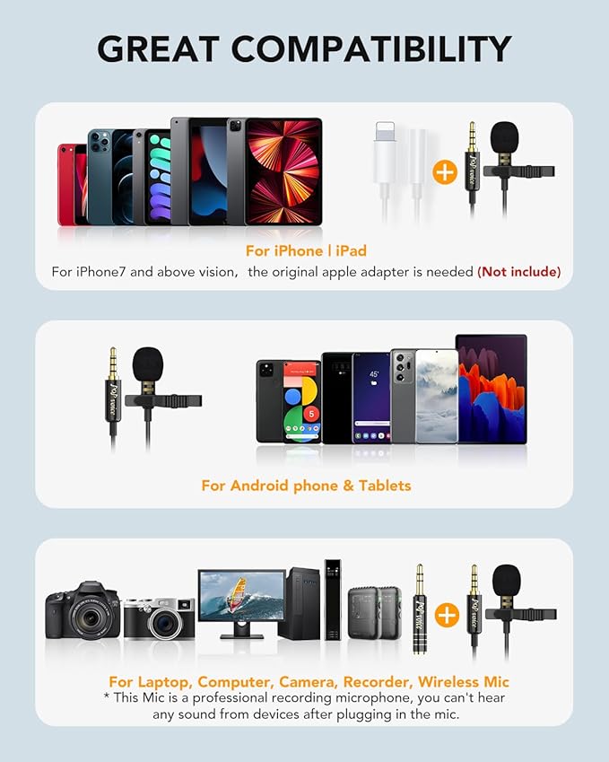 PoP Voice 2Pcs Professional Lavalier Lapel Microphone 3.5mm Compatible With DJI Mic/Rode Wireless GO Transmitters for Smartphone Camera, Mini Mic for YouTube, Interview, Video, Broadcasters