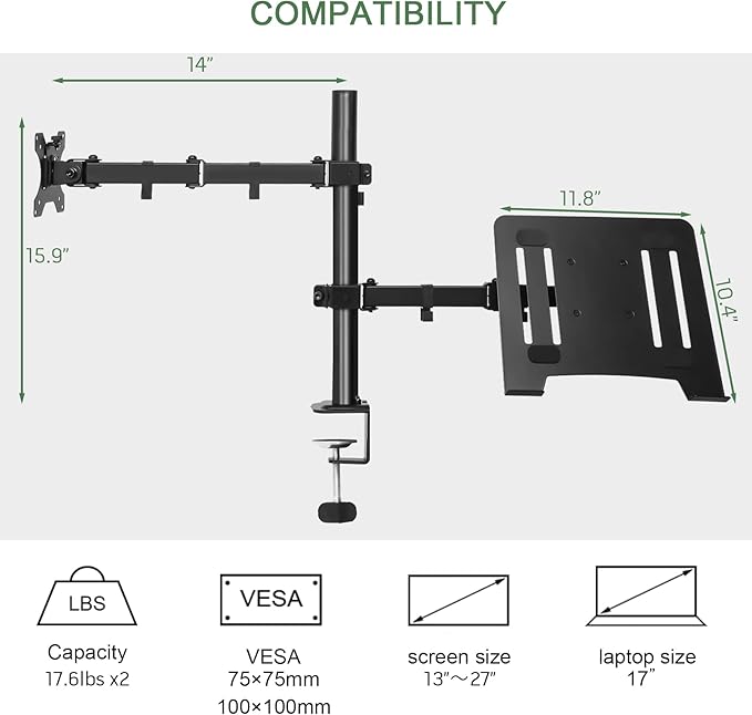 UPGRAVITY Monitor and Laptop Mount, Monitor Arm with Vented Tray for 13" to 27" LCD Computer Screens and Notebook up to 17 inch, Fully Adjustable Laptop Mount Stand Holds up to 17.6lbs