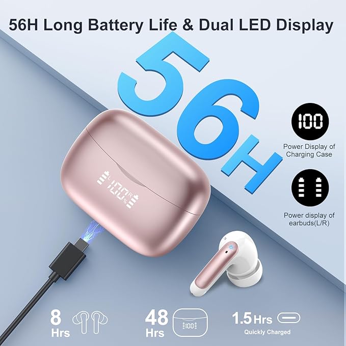 Wireless Earbuds, Bluetooth 5.3 Headphones Stereo Deep Bass with LED Display, 56H Playtime with Noise Cancelling Mic, IPX7 Waterproof in Ear Earbuds, for laptops/tablets/mobile phones/sports, Rose