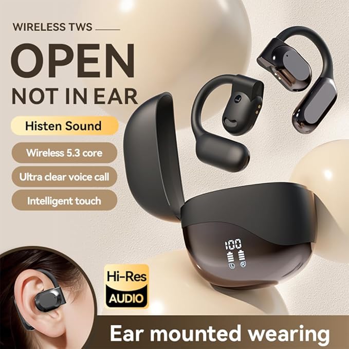 Open Ear Earbuds Bluetooth Over Ear buds 58Hrs Playtime Wireless Headphones with Earhooks Waterproof Touch Control Air Conduction Sport Headsets Bluetooth 5.3 Earphones for Workout Running Black