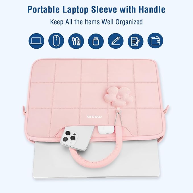 MOSISO Laptop Case 16 inch, 15-15.6 inch Puffy Laptop Sleeve Compatible with MacBook Pro 16 M5 M4 M3 M2 M1,HP Acer Dell Lenovo Notebook,Rectangle Quilted Bag with Handle&Flower Pendant, Pink
