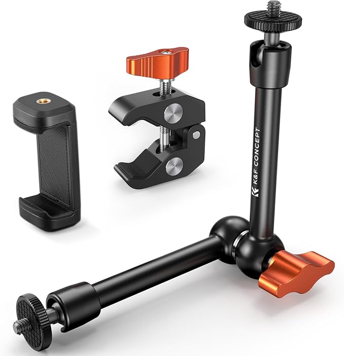 K&F CONCEPT 9.8" Magic Arm Clamp with Phone Holder, 360° Ball Heads Camera Arm Mount for Phone/LED Lights/Monitor/Flash/Microphone/DSLR Camera by KFCONCEPT