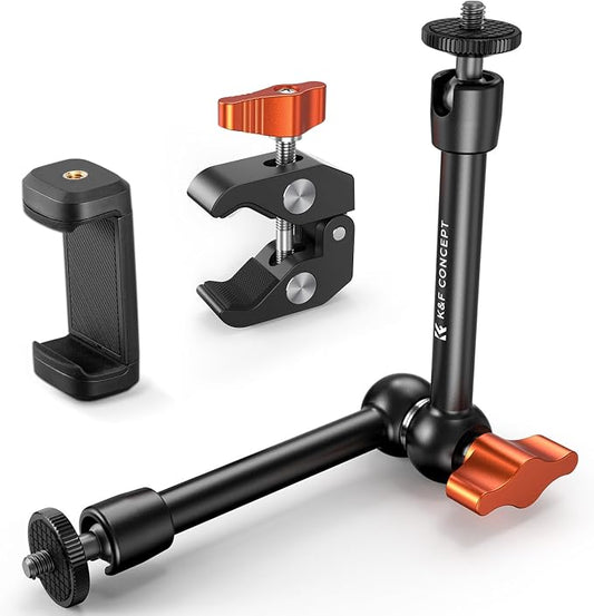 K&F CONCEPT 9.8" Magic Arm Clamp with Phone Holder, 360° Ball Heads Camera Arm Mount for Phone/LED Lights/Monitor/Flash/Microphone/DSLR Camera by KFCONCEPT