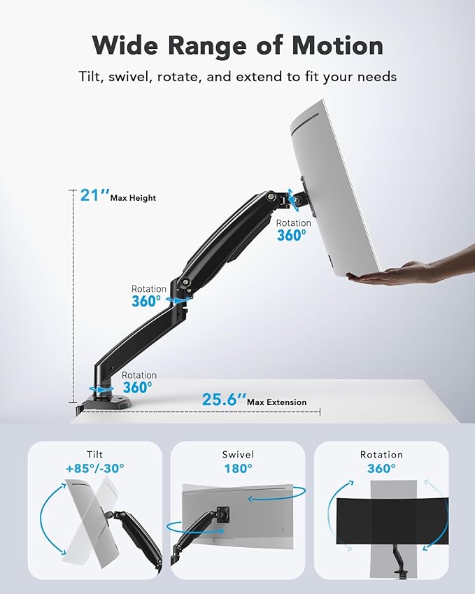 HUANUO Single Monitor Arm for 13-49 inch Screens, Ultrawide Computer Monitor Mount Holds 26.48 lbs, Upgraded Adjustable Stand with USB, C-Clamp & Grommet Base, VESA 75x75 or 100x100mm