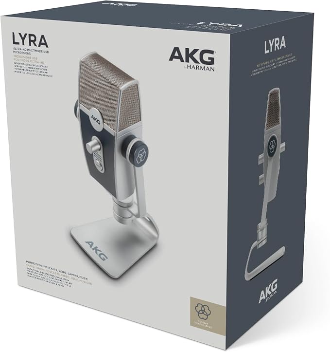 AKG Pro Audio Lyra Ultra-HD USB C Microphone for Recording, Streaming, Gaming, Podcasting, ASMR on PC and Mac, Condenser Mic for Laptop or Computer, Adjustable Stand, Plug and Play – Blue and Silver