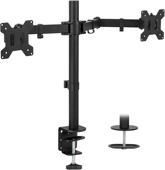 Mount-It! Dual Monitor Mount | Double Monitor Desk Stand | Two Heavy Duty Full Motion Adjustable Arms Fit 2 Computer Screens 17 19 20 21 22 24 27 Inch | VESA 75 100 | C-Clamp and Grommet Base