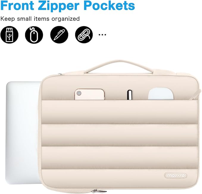 MOSISO 360 Protective 13-14 inch Laptop Case, 13.3 inch Puffy Laptop Sleeve Compatible with MacBook Air 13 13.6 M3 M2 M1/Pro 13/14, HP, Dell, ASUS, Lenovo,Polyester Horizontal Side Open Bag, Sand