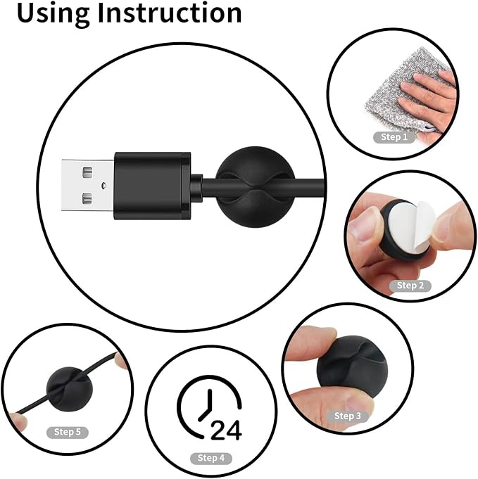 Flezoo Cord Holder Cable Holder, 12PCS Black Adhesive Cable Clips Cord Organizer Charger Holder Wire Management Keeper for Nightstand, Office, Desk or Mouse - Image 7