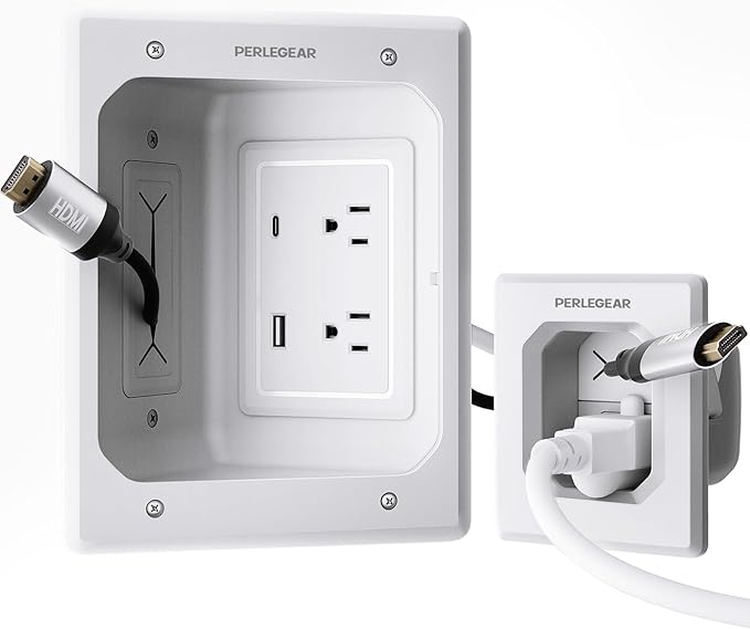 Perlegear TV in-Wall Cable Management Kit, USB and Typ C Ports Cord Hider for Wall Mount TV with Recessed Power, Includes Drill Templates, Dust Bags, Drywall Saw, Extension Cable by Perlegear