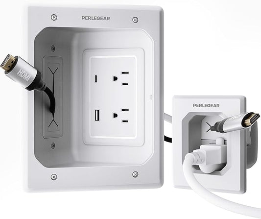 Perlegear TV in-Wall Cable Management Kit, USB and Typ C Ports Cord Hider for Wall Mount TV with Recessed Power, Includes Drill Templates, Dust Bags, Drywall Saw, Extension Cable by Perlegear