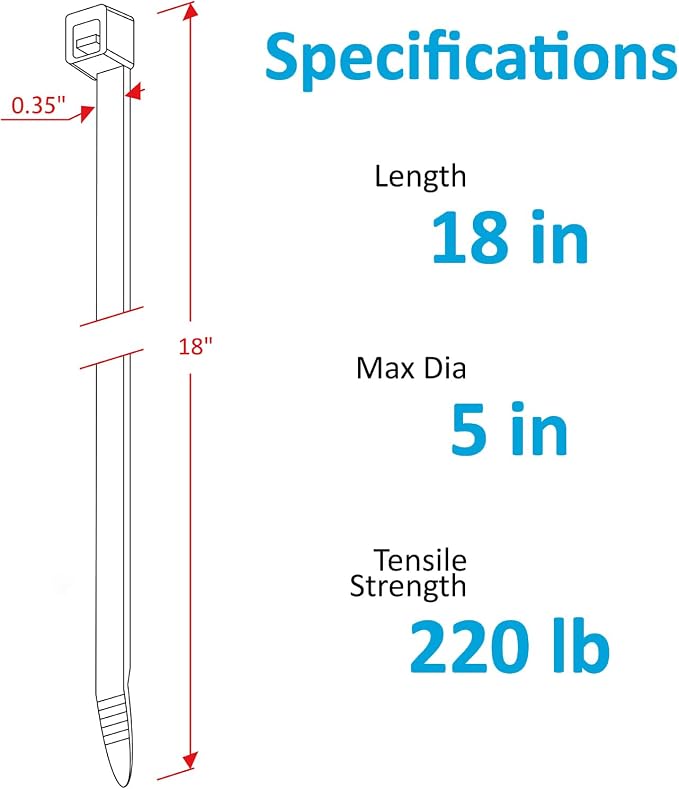 Large Zip Ties 18 inch (250 Pack), Long Zip Ties Heavy Duty with 220 lb Tensile Strength, Big Cable Ties, Black, by ANOSON - Image 2