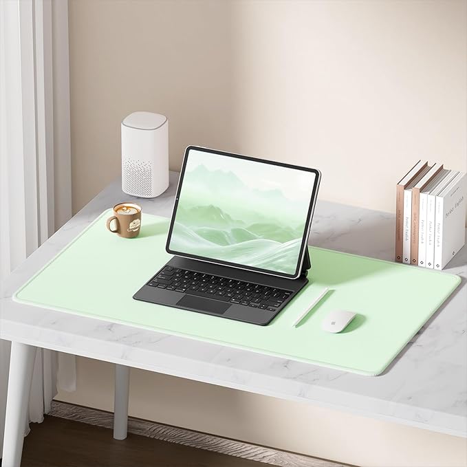 Hsurbtra Desk Pad, 32" x 16" Premium-Textured Desk Mat, Stitched Edge Anti-Slip Waterproof Rubber Mouse Pad, L Extended Computer Mat for Office Gaming Laptop Keyboard Lake Green