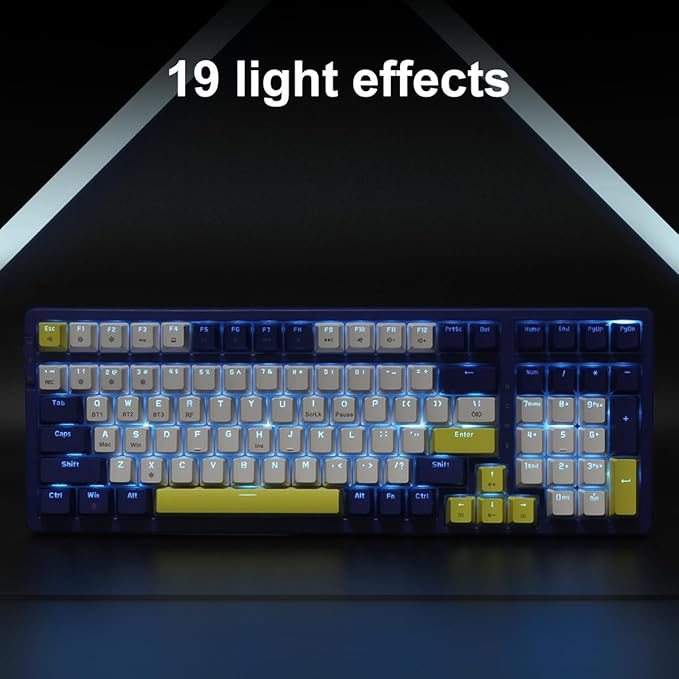 Wireless Mechanical Keyboard, Triple Mode 2.4G/USB-C/BT Gaming Keyboards 100 Keys Ice-Blue Backlit, Red Switch Keyboard | Rechargeable Mechanical Gaming Keyboards | Blue/White/Yellow