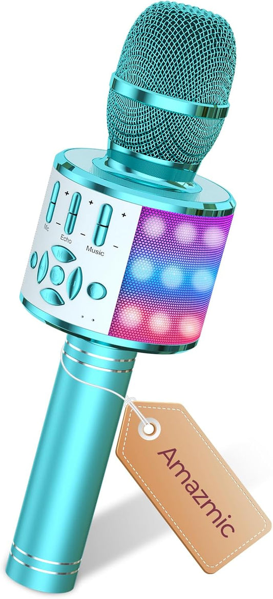 Amazmic Kids Karaoke Microphone Machine Toys for Girls Bluetooth Microphone with LED Light, Easter Basket Stuffers Christmas Birthday Gift for Girls Boys 3-12 Year Old Kids Toys(Blue)