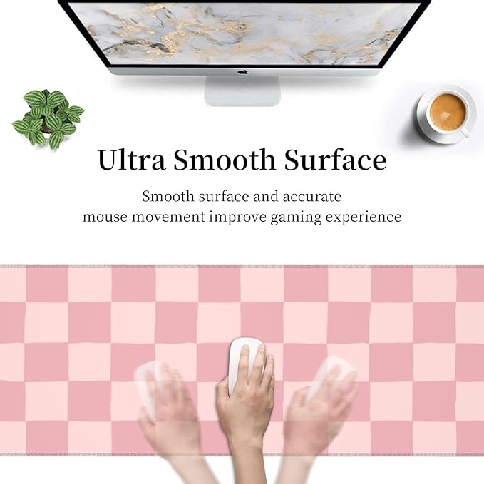 Pink Checkered Gaming Mouse Pad Desk Mat for Home and Office, Large Mousepad Extended Keyboard Pad Stitched Edge Accessories Decor