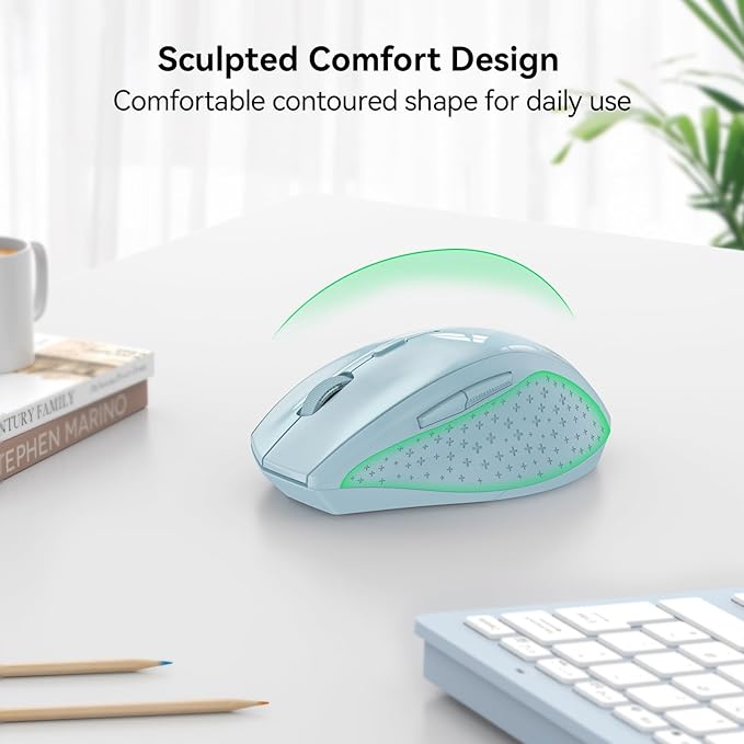 TECKNET Wireless Mouse, 2.4G USB Computer Mouse with 6-Level Adjustable 4800 DPI, 30 Months Battery, Ergonomic Grips, 6 Buttons Portable for PC, Chromebook, Mac - Lightblue